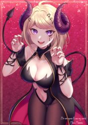  absurdres ahoge akamatsu_kaede alternate_costume artist_name bangs banned_artist bare_shoulders black_jacket black_legwear blonde_hair breasts claw_pose cleavage collarbone commentary_request cowboy_shot danganronpa_(series) danganronpa_v3:_killing_harmony demon_girl demon_horns demon_tail eyebrows_visible_through_hair facial_mark female hair_ornament halloween heart heart_tattoo highres horns jacket large_breasts long_hair looking_at_viewer musical_note musical_note_hair_ornament nabekokoa nail_polish navel oerba_yun_fang open_mouth pantyhose pink_jacket purple_eyes purple_horns red_nails repost_notice sleeveless sleeveless_jacket smile solo sparkle tail tattoo 