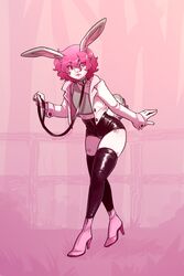  2:3 absurd_res anthro caninelove clothed clothing collar digital_media_(artwork) footwear fully_clothed hair hi_res high_heels holding_collar holding_object koda_(koda57477247) lagomorph latex leash leporid male mammal rabbit river shaded simple_background solo trans_(lore) 