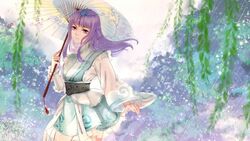  asymmetrical_sleeves commentary_request female forest hair_ornament holding holding_umbrella leaf long_hair looking_at_viewer muqing_mq nature oil-paper_umbrella purple_hair qinshi_mingyue rain shao_siming_(qinshi_mingyue) sky solo tree umbrella vegetation white_sky 