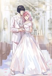  1boy alternate_hair_length alternate_hairstyle black_hair blue_eyes blush bob_cut bouquet breasts bridal_gauntlets bridal_veil bride bruno_bucciarati church commission couple dress elbow_gloves female flower formal frills gloves green_eyes hair_ornament hairclip happy height_difference husband_and_wife japanese_clothes jewelry jojo_no_kimyou_na_bouken long_hair looking_at_viewer medium_breasts necktie open_mouth pink_hair short_hair smile straight suit trish_una veil vento_aureo wedding wedding_dress white_dress white_gloves white_suit yepnean zipper 