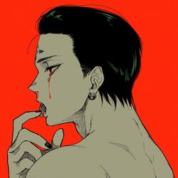  1boy bad_id bad_twitter_id black_hair blood blood_from_eyes chrollo_lucilfer cross earrings facial_tattoo from_side hair_slicked_back highres hunter_x_hunter inverted_cross jewelry licking_blood looking_to_the_side male_focus nachos_(chos_na) nude portrait red_background short_hair solo tattoo tongue tongue_out 