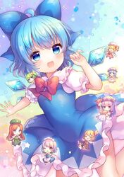  6+girls :d =_= ahoge apron aqua_eyes ascot bat_wings beret blonde_hair blue_bow blue_dress blue_eyes blue_hair blush book bow breasts chibi cirno coa_(chroo_x) commentary_request crescent crescent_hat_ornament crystal daiyousei dress embodiment_of_scarlet_devil fairy_wings flandre_scarlet frilled_dress frilled_shirt_collar frills green_hair hairbow hat hat_ornament head_wings holding holding_book hong_meiling ice ice_wings izayoi_sakuya koakuma light_blue_hair long_hair long_sleeves maid maid_apron maid_headdress mob_cap multiple_girls one_eye_closed open_mouth outstretched_arms patchouli_knowledge pinafore_dress puffy_short_sleeves puffy_sleeves purple_eyes purple_hair red_ascot red_eyes red_hair red_ribbon remilia_scarlet ribbon rumia short_hair short_sleeves side_ponytail sleeveless sleeveless_dress small_breasts smile sparkle star_(symbol) star_hat_ornament striped_clothes striped_dress thighs touhou upper_body vertical-striped_clothes vertical-striped_dress wings 