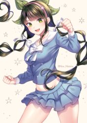  :d bangs banned_artist black_hair blush bow breasts chabashira_tenko choker clenched_hands commentary_request cowboy_shot danganronpa_(series) danganronpa_v3:_killing_harmony eyebrows_visible_through_hair female frills green_eyes hair_ornament hair_ribbon hairband highres layered_skirt long_hair long_sleeves looking_at_viewer low_twintails medium_breasts midriff miniskirt mole mole_under_mouth nabekokoa navel open_mouth pleated_skirt ribbon school_uniform shirt skirt smile solo twintails twitter_username upper_teeth white_bow 