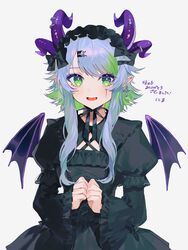  ! apricot_the_lich commission cross cross_earrings demon_girl demon_horns demon_wings earrings english_commentary female gothic_lolita green_eyes green_hair highres horns jewelry lolita_fashion looking_at_viewer nima_(nimamann) open_mouth pointy_ears second-party_source simple_background skeb_commission solo tongue virtual_youtuber vshojo white_background wings 