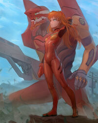  absurdres arm_behind_head blue_eyes bodysuit breasts clenched_hand commentary commission english_commentary eva_02 evangelion_(mecha) extra_eyes female floating_hair from_side full_body green_eyes gun highres holding holding_gun holding_weapon interface_headset looking_ahead mecha mecha_focus neon_genesis_evangelion open_hand orange_hair pallet_rifle_(evangelion) pilot_suit plugsuit red_bodysuit robot science_fiction small_breasts souryuu_asuka_langley standing weapon zhjake 