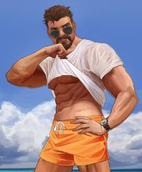  1boy abs absurdres bara beard biceps blue_sky brown_hair clothes_lift cloud cloudy_sky dark-skinned_male dark_skin day facial_hair frown glasses hand_on_own_hip highres lifting_own_clothes looking_to_the_side male_focus manly mature_male muscular muscular_male navel nez nipples obliques outdoors overwatch overwatch_1 pectorals reaper_(overwatch) scar scar_on_face shirt shirt_lift shorts sky solo spiked_hair sunglasses t-shirt tight_clothes underpec watch 