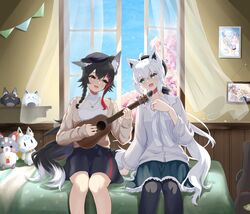  2girls absurdres ahoge animal_ear_fluff animal_ears bed beret black_bow black_hair black_headwear black_pantyhose black_skirt blush bow braid brown_vest cherry_blossoms commentary_request curtains day earrings fox_ears fox_girl fox_tail fubuchun green_eyes green_skirt hair_between_eyes hair_ornament hairbow hat highres hiragi_moka hololive indoors instrument jewelry long_hair looking_at_another miochun miofa_(ookami_mio) multiple_girls music necklace official_alternate_costume ookami_mio ookami_mio_(street) open_mouth pantyhose picture_frame playing_instrument red_hair ring shirakami_fubuki shirakami_fubuki_(street) shirt sidelocks single_braid sitting skirt sukonbu_(shirakami_fubuki) sweater_vest tail ukulele vest virtual_youtuber white_hair white_shirt window wolf_ears wolf_girl yellow_eyes 