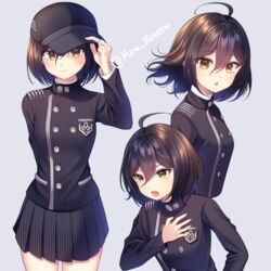  :o ahoge artist_name banned_artist black_hair black_headwear black_jacket black_skirt commentary_request danganronpa_(series) danganronpa_v3:_killing_harmony female genderswap_(mtf) grey_background hair_between_eyes hand_on_own_chest hat highres jacket long_sleeves looking_at_viewer medium_hair multiple_views nabekokoa open_mouth pleated_skirt red_eyes rule_63 saihara_shuuichi short_hair simple_background skirt striped striped_jacket striped_skirt 