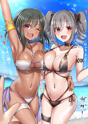  1boy 2girls :d absurdres arm_around_waist armlet armpits asymmetrical_docking bare_shoulders beach bikini black_bikini black_bow black_choker blue_sky blush bow bracelet breast_press breasts choker cleavage collarbone commentary_request dark-skinned_female dark_green_hair dark_skin day drill_hair earrings eyepatch_bikini grey_hair hairbow heart highres hoop_earrings idolmaster idolmaster_cinderella_girls jewelry kanzaki_ranko large_breasts mabanna multiple_girls natalia_(idolmaster) navel necklace ocean one_eye_closed outdoors pov pov_hands purple_eyes red_eyes short_hair side-tie_bikini_bottom sky smile swimsuit tan thigh_strap translated twin_drills wet white_bikini 