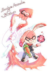  2017 2:3 absurd_res alternate_species ambiguous_gender animal_humanoid arcade_bunny cephalopod cephalopod_humanoid clothing coleoid crossover decapodiform duo english_text hi_res humanoid inkling lagomorph male mammal marine marine_humanoid mollusk mollusk_humanoid nintendo nintendo_badge_arcade open_mouth p!k@ru pseudo_hair simple_background splatoon suction_cup tentacle tentacle_hair text toy toy_gun water_gun white_background 