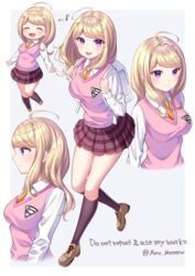  :d ahoge akamatsu_kaede bangs banned_artist beamed_eighth_notes beamed_sixteenth_notes black_legwear blonde_hair blush border breasts brown_footwear closed_eyes closed_mouth collared_shirt commentary_request danganronpa_(series) danganronpa_v3:_killing_harmony eighth_note eyebrows_visible_through_hair female from_side full_body hair_ornament highres kneehighs large_breasts long_hair long_sleeves looking_at_viewer miniskirt multiple_views musical_note musical_note_hair_ornament nabekokoa necktie open_mouth pleated_skirt profile purple_eyes repost_notice school_uniform shirt shoes skirt smile sweater_vest twitter_username upper_body white_border white_shirt 