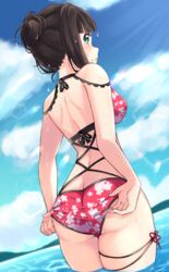  absurdres adjusting_clothes adjusting_swimsuit ass back bare_arms bikini black_hair blue_sky blunt_bangs breasts butt_crack cherry_blossom_print cloud day dengeki_g&#039;s female floral_print from_behind green_eyes hair_bun highres kurosawa_dia lens_flare linatai looking_at_viewer looking_back love_live! love_live!_sunshine!! medium_breasts mole mole_under_mouth mountainous_horizon multi-strapped_bikini_bottom multi-strapped_bikini_top ocean open_mouth outdoors print_bikini red_bikini shoulder_blades single_hair_bun sky solo standing swimsuit thighs twitter_username wading water_drop wet 