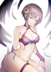  atoatto bikini blue_eyes breasts cleavage commentary_request earrings female fire_emblem fire_emblem:_the_blazing_blade fire_emblem_heroes flower jewelry large_breasts looking_at_viewer navel purple_eyes purple_hair short_hair smile solo swimsuit ursula_(fire_emblem) ursula_(summer)_(fire_emblem) 