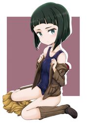  black_eyes black_hair blue_one-piece_swimsuit blunt_bangs blunt_ends blush bob_cut boots border brown_footwear brown_jacket chi-hatan_military_uniform closed_mouth clothes_pull collarbone commentary_request female frown full_body girls_und_panzer highres jacket jacket_pull knee_boots long_sleeves looking_at_viewer military military_uniform miniskirt nishihara_yasoko off_shoulder one-piece_swimsuit outline outside_border pleated_skirt purple_background red_background school_swimsuit shibagami short_hair simple_background sitting skirt solo swimsuit thighs undressing uniform wariza white_border white_outline yellow_skirt zipper 