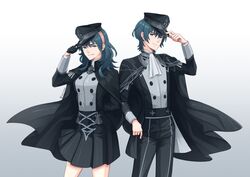  1boy absurdres aequorine bangs blue_eyes blue_hair breasts byleth byleth_(female) byleth_(male) cape dual_persona female fire_emblem fire_emblem:_three_houses gloves hair_ornament hat highres jacket long_hair looking_at_viewer short_hair simple_background skirt smile uniform upper_body white_background 