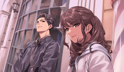  1boy against_wall bad_id bad_pixiv_id brown_hair closed_mouth coat day female grey_coat hair_over_shoulder long_hair looking_at_viewer original outdoors smile smug sora_yoshitake_yuda 