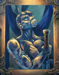  2017 android anthro armor blue_body blue_eyes bust_portrait clothed clothing crossed_arms eye_scar face_plate facial_scar hand_on_chest hi_res justice_(miwauturu) lagomorph leporid light lighting looking_up machine male mammal melee_weapon painting_(artwork) picture_frame portrait rabbit robot scar serious simple_background solo spiderdragon sword topless traditional_media_(artwork) weapon 