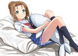  abe_kanari bed_sheet black_socks blue_skirt brown_hair closed_mouth commentary_request female full_body green_eyes hair_bun hair_intakes heki_junko high_school_fleet kneehighs looking_at_viewer lying medium_hair miniskirt neckerchief on_back photoshop_(medium) pillow pleated_skirt red_neckerchief sailor_collar school_uniform serafuku shirt simple_background single_hair_bun skirt smile socks solo white_background white_sailor_collar white_shirt yokosuka_girls_marine_high_school_uniform 