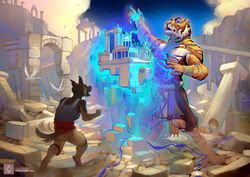  amarian anthro barefoot black_lips blue_eyes canid canine canis classical_architecture claws clothed clothing detailed_background digitigrade domestic_dog duo feet felid fur german_shepherd gesture hand_gesture herding_dog lips magic male mammal orange_body orange_fur pantherine pastoral_dog pointing ruins tiger topless 