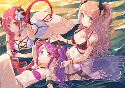  3girls absurdres armlet bikini black_scrunchie blue_eyes bracelet breasts cleavage closed_mouth commentary_request cross-laced_clothes cross-laced_one-piece_swimsuit demon_girl demon_horns demon_tail flat_chest flower hair_flower hair_ornament hair_scrunchie hairclip halterneck heterochromia highres horns io_(princess_connect!) io_(summer)_(princess_connect!) jewelry large_breasts long_hair looking_at_viewer lying misaki_(princess_connect!) misaki_(summer)_(princess_connect!) multicolored_hair multiple_girls navel on_back one-piece_swimsuit outdoors parted_lips pink_hair princess_connect! purple_eyes red_eyes red_hair scrunchie sho_bu_1116 sitting suzuna_(princess_connect!) suzuna_(summer)_(princess_connect!) swimsuit tail twintails two-tone_bikini two-tone_hair wariza water white_flower white_one-piece_swimsuit 