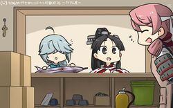  3girls ahoge akashi_(kancolle) apron bauxite black_hair black_ribbon box braid brown_eyes cardboard_box closed_eyes commentary_request dated gas_cylinder grey_hair hair_over_eyes hair_ribbon hair_tie hamanami_(kancolle) hamu_koutarou headband high_ponytail highres japanese_clothes kantai_collection key long_hair long_sleeves miko multiple_girls nisshin_(kancolle) pink_hair red_ribbon ribbon school_uniform serafuku short_eyebrows single_braid thick_eyebrows tress_ribbon upper_body window 