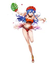  bare_arms bikini blue_eyes blue_hair bracelet breasts bunbun female fire_emblem fire_emblem:_the_binding_blade fire_emblem_heroes flower full_body hair_ornament hands_up head_wreath hibiscus highres holding jewelry leaf leaf_fan leg_up lilina_(fire_emblem) lilina_(summer)_(fire_emblem) long_hair medium_breasts navel official_art open_mouth palm_leaf red_bikini sandals solo stomach swimsuit thighs toes transparent_background 