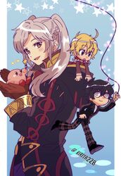  2boys amamiya_ren black_hair blonde_hair blue_eyes blush chibi coat commentary female fire_emblem fire_emblem_awakening glasses gloves highres kirby kirby_(series) kiriya_(552260) long_hair mini_person miniboy multiple_boys open_mouth pants persona persona_5 plaid plaid_pants robin_(female)_(fire_emblem) robin_(fire_emblem) school_uniform short_hair shulk_(xenoblade) shuujin_academy_school_uniform smile star_(symbol) star_rod super_smash_bros. symbol-only_commentary twintails twitter_username uniform watermark white_hair xenoblade_chronicles_(series) xenoblade_chronicles_1 