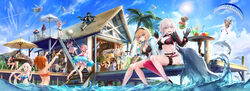  6+boys 6+girls absurdres ahoge anastasia_(fate) animal_ears archer_(fate) arthur_pendragon_(fate) artoria_pendragon_(fate) backwards_hat ball bangle bare_shoulders barefoot baseball_cap bb_(fate) bb_(swimsuit_mooncancer)_(fate) bb_(swimsuit_mooncancer)_(first_ascension)_(fate) beach_house beachball beard bikini bikini_bottom_only bird black_bikini black_gloves black_hair black_jacket blonde_hair blue_bikini blue_eyes blue_sky blush bracelet breasts brown_hair burger choker cleavage cloud collaboration collarbone command_spell commentary_request contrail creature cup day dock dolphin dress drinking_straw earrings edmond_dantes_(fate) edmond_dantes_(monte_cristo_selection)_(fate) edward_teach_(fate) edward_teach_(final_ascension)_(fate) eyewear_on_head facial_hair facial_mark falling fate/grand_order fate_(series) floating_hair floral_print flower food forehead_mark fou_(fate) fujimaru_ritsuka_(female) fujimaru_ritsuka_(female)_(brilliant_summer) gilgamesh_(establishment)_(fate) gilgamesh_(fate) glasses gloves gradient_hair green_eyes groin hair_between_eyes hair_bun hair_ornament hair_over_one_eye hair_scrunchie hairband hand_fan hat hibiscus hibiscus_print highres holding holding_cup holding_fan horns ibaraki_douji_(fate) ibaraki_douji_(swimsuit_lancer)_(fate) ibaraki_douji_(swimsuit_lancer)_(first_ascension)_(fate) innertube jacket jeanne_d&#039;arc_(fate) jeanne_d&#039;arc_(swimsuit_archer)_(fate) jeanne_d&#039;arc_(swimsuit_archer)_(first_ascension)_(fate) jeanne_d&#039;arc_alter_(fate) jeanne_d&#039;arc_alter_(swimsuit_berserker)_(fate) jewelry katsushika_hokusai_(fate) katsushika_hokusai_(painting_summer)_(fate) kito_(kito2) knees_together_feet_apart koruta_(nekoimo) lancelot_(fate/grand_order) large_breasts legs_together long_hair looking_at_viewer marie_antoinette_(fate) marie_antoinette_(swimsuit_caster)_(fate) marie_antoinette_(swimsuit_caster)_(third_ascension)_(fate) mash_kyrielight mash_kyrielight_(swimsuit_of_perpetual_summer) medb_(fate) medb_(swimsuit_saber)_(fate) medb_(swimsuit_saber)_(second_ascension)_(fate) medium_breasts merlin_(fate) moustache multicolored_hair multiple_boys multiple_girls mysterious_heroine_xx_(fate) mysterious_heroine_xx_(first_ascension)_(fate) navel necklace o-ring o-ring_bikini octopus official_alternate_costume on_roof oni oni_horns open_mouth orange_bikini orange_hair osakabehime_(fate) outdoors paintbrush palm_tree parachute parted_bangs pink_hair plant pointy_ears potted_plant purple_eyes purple_hair queen_of_sheba_(fate) red_eyes red_flower red_legwear robin_hood_(fate) robin_hood_(summer_hunter)_(fate) sandals scar scrunchie seagull shirt short_hair shrug_(clothing) side_ponytail sidelocks single_hair_bun single_thighhigh sitting sitting_on_roof skirt sky smile smoking soaking_feet sonic_boom_(speed) stomach striped_bikini striped_clothes sun sunglasses sunlight surprised swim_ring swimsuit tamamo_(fate) tamamo_cat_(fate) tattoo thighhighs tiara tinted_eyewear tokitarou_(fate) tree tristan_(fate) tropical_drink twintails umbrella ushiwakamaru_(fate) ushiwakamaru_(swimsuit_assassin)_(fate) ushiwakamaru_(swimsuit_assassin)_(first_ascension)_(fate) vase very_long_hair wading water white_bikini white_dress white_flower white_hair wind wind_lift yellow_eyes yellow_shirt yellow_skirt 