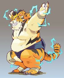  2017 anthro belly felid fur garouzuki humanoid_hands male mammal moobs orange_body orange_fur overweight overweight_anthro overweight_male pantherine raiden_tameemon sengoku_puzzle simple_background solo tiger 