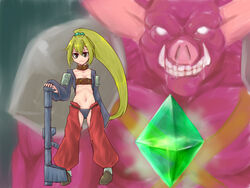  2010 4:3 ambiguous_gender belt belt_bra belt_choker belted_breasts blonde_hair brave_fencer_musashi breasts clothed clothing duo eyelashes female footwear hair human liquor_(musashi) long_hair looking_at_viewer mammal monster navel ponytail ranged_weapon runiko_e shoes smile standing teeth vambee weapon 