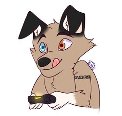  2019 anthro arms_bent black_body black_fur black_nose blue_eyes brown_body brown_fur canid canine canis cheek_tuft chibi controller damian5320 domestic_dog dualshock dualshock_4 eyebrows facial_tuft fur fur_markings game_controller gaming gloves_(marking) head_tuft heterochromia hi_res holding_controller holding_game_controller holding_object male mammal markings multicolored_body multicolored_fur nude orange_eyes pink_tongue playing_video_game playstation playstation_4 playstation_controller signature simple_background solo sony_corporation sony_interactive_entertainment tattoo tongue tongue_out tuft two_tone_body two_tone_fur white_background white_body white_fur wireless_controller 