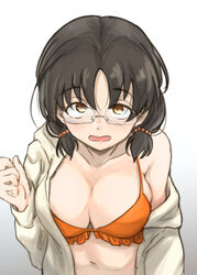  asano_fuka bikini black_hair blush breasts brown_eyes cleavage collarbone commentary_request female glasses idolmaster idolmaster_cinderella_girls jacket large_breasts long_sleeves looking_at_viewer low_twintails open_mouth orange_bikini short_hair simple_background solo swimsuit twintails unu_(unucence) upper_body white_jacket 