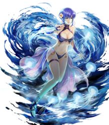  animal bare_shoulders bikini blue_eyes blue_hair bracelet breasts bridal_gauntlets dagger earrings female fire_emblem fire_emblem:_the_blazing_blade fire_emblem_heroes flower full_body hair_flower hair_ornament hibiscus highres holding holding_weapon jellyfish jewelry knife large_breasts navel official_art parted_lips reverse_grip sandals see-through shiny_skin short_hair solo stomach swimsuit thigh_strap toeless_footwear toes transparent_background ursula_(fire_emblem) ursula_(summer)_(fire_emblem) water weapon yamada_koutarou 