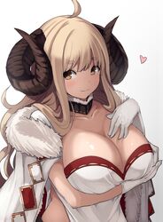  ahoge anila_(granblue_fantasy) blonde_hair breasts brown_eyes cleavage commentary_request detached_collar draph female fur_trim gloves granblue_fantasy heart highres horns large_breasts opanchu_(hakusen) solo white_gloves 