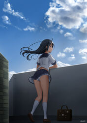  absurdres ahoge ass bag black_hair blue_eyes blue_sailor_collar blue_skirt blue_sky brown_bag brown_footwear cloud commentary_request day female floating_hair from_behind full_body highres kayama_kouji kneehighs loafers long_hair looking_afar miniskirt original outdoors panties pantyshot pleated_skirt profile sailor_collar school_bag school_uniform serafuku shirt shoes short_sleeves signature skirt sky socks solo standing underwear white_panties white_shirt white_socks 