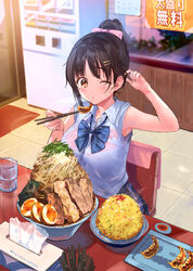  arm_up armpits bare_arms bare_shoulders bow bowtie breasts brown_eyes brown_hair chair chopsticks collared_shirt commentary_request cup doukyuusei_(hanekoto) drinking_glass female food hand_up hanekoto highres holding large_breasts noodles one_eye_closed original parted_lips plaid plate rice school_uniform shirt short_ponytail sitting solo sweat table tissue tissue_box tray tucking_hair wet wet_clothes wet_shirt white_shirt 