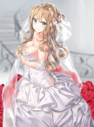  absurdres bare_shoulders blue_eyes blush breasts cleavage collarbone commentary_request dress female flower from_side girls&#039;_frontline hair_between_eyes hair_ornament hairband highres korean_commentary kuse_(0201) large_breasts long_dress long_hair looking_at_viewer official_alternate_costume red_flower red_rose rose smile solo stairs suomi_(blissful_mission)_(girls&#039;_frontline) suomi_(girls&#039;_frontline) tiara wedding_dress white_dress 