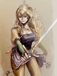  blonde_hair breasts celes_chere cleavage closed_mouth commentary_request earrings female final_fantasy final_fantasy_vi highres jewelry komugiko_no_mori long_hair ring smile solo sword weapon 