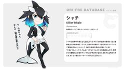  16:9 animal_humanoid black_hair blue_eyes blue_hair bodysuit bottomwear breasts cetacean cetacean_humanoid clothed clothing dolphin ear_fins eyewear fan_character female fin footwear hair head_fin hi_res holding_object humanoid jacket japanese_text kemono_friends killer_whale_(stylecase) mammal marine marine_humanoid multicolored_hair navel oceanic_dolphin orca orca_humanoid partially_translated shoes shorts skinsuit smile solo stylecase sunglasses text tight_clothing toothed_whale toothed_whale_humanoid topwear translation_request widescreen 