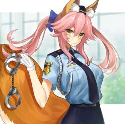  aiguillette animal_ear_fluff animal_ears belt blue_bow blue_necktie blue_shirt blue_skirt blush bow breasts closed_umbrella commentary cuffs ero_waifu fate/extella fate/extella_link fate/extra fate_(series) female fox_ears fox_girl fox_tail garrison_cap gloves hair_between_eyes hairbow handcuff_dangle handcuffs hat large_breasts long_hair looking_at_viewer necktie official_alternate_costume official_style pencil_skirt pink_hair police police_uniform policewoman shirt short_sleeves sidelocks skirt solo tail tamamo_(fate) tamamo_no_mae_(fate/extra) tamamo_no_mae_(police_fox)_(fate) twintails umbrella uniform wada_arco_(style) white_gloves yellow_eyes 