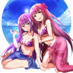  2girls alternate_costume bikini blue_sky blush bracelet breasts bridal_garter cleavage cloud cloudy_sky commentary_request cosplay fanning_self fate/grand_order fate_(series) flower hair_flower hair_intakes hair_ornament haku_(grimjin) headpiece highres jewelry kneeling large_breasts legs_together looking_at_viewer matching_outfits multiple_girls navel ocean open_mouth pink_bikini purple_bikini purple_hair purple_sarong red_eyes sarong scathach_(fate) scathach_(swimsuit_assassin)_(fate) scathach_(swimsuit_assassin)_(fate)_(cosplay) scathach_skadi_(fate) sky swimsuit tiara 