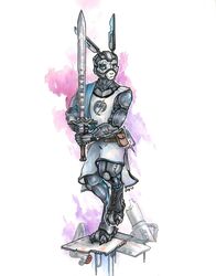  2017 absurd_res android anthro armor belt belt_pouch blue_eyes clothed clothing colored_pencil_(artwork) crystal eye_scar face_plate facial_scar fully_clothed gun hi_res justice_(miwauturu) lagomorph leporid looking_at_viewer machine male mammal melee_weapon painting_(artwork) rabbit ranged_weapon robot scar serious simple_background solo spiderdragon standing sword tabard tattoo traditional_media_(artwork) watercolor_(artwork) weapon 