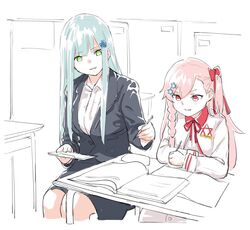  2girls blue_hair book classroom commentary_request desk formal girls&#039;_frontline green_eyes hair_ornament hairclip hexagram highres hk416_(girls&#039;_frontline) multiple_girls negev_(girls&#039;_frontline) negev_(little_drifter)_(girls&#039;_frontline) pencil_skirt pink_hair red_eyes school_uniform shinoe_nun sitting skirt star_of_david suit teacher_and_student teaching 