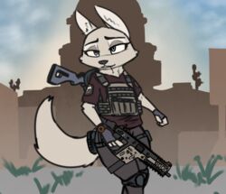  2019 anthro arctic_fox arm_tuft bad_trigger_discipline black_background bottomwear bulletproof_vest canid canine cheek_tuft clothed clothing disney elbow_tuft english_text eyebrows facial_tuft female fingerless_gloves fox gloves grey_eyes grey_nose gun half-closed_eyes handwear holding_gun holding_object holding_ranged_weapon holding_weapon josun looking_back mammal match narrowed_eyes outline pants plate_carrier raised_inner_eyebrows ranged_weapon shirt simple_background skye_(zootopia) solo standing tactical text topwear true_fox tuft weapon white_outline zootopia 