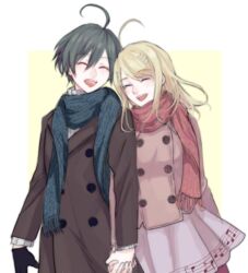  1boy :d ahoge akamatsu_kaede asymmetrical_gloves bad_id bad_pixiv_id black_gloves blonde_hair blue_scarf brown_coat closed_eyes coat commentary_request couple danganronpa_(series) danganronpa_v3:_killing_harmony female floating_hair gloves green_hair grey_skirt grey_sweater hair_between_eyes hair_ornament highres holding_hands interlocked_fingers long_hair long_sleeves miniskirt musical_note musical_note_hair_ornament musical_note_print open_mouth pink_footwear print_skirt red_scarf ribbed_sweater saihara_shuichi scarf short_hair simple_background single_glove skirt smile straight sweater swept_bangs uneven_gloves white_background xino 