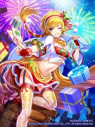  amazio_komeko blonde_hair breasts cat_(saga) christmas cleavage commentary_request crop_top earrings female imperial_saga jewelry long_hair midriff navel official_art one_eye_closed romancing_saga_2 saga skirt smile solo square_enix thighhighs white_thighhighs 