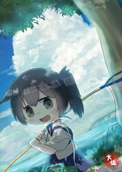  :d artist_name bad_id bad_twitter_id blue_hakama blue_sky blush box brown_eyes brown_hair bug_hunting butterfly_net chibi cloud cloudy_sky commentary_request cowboy_shot dappled_sunlight day dutch_angle female grass grey_eyes hakama hakama_short_skirt hakama_skirt hand_net hands_up highres holding holding_butterfly_net japanese_clothes kaga_(kancolle) kantai_collection long_hair looking_at_viewer medium_hair ocean open_mouth outdoors shade side_ponytail skirt sky sleeves_pushed_up smile solo sunlight taisa_(kari) tasuki tree 