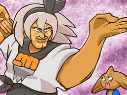  1boy bea_(pokemon) bea_(pokemon)_(cosplay) bodysuit bodysuit_under_clothes commentary cosplay crossover facial_hair fighting_stance g_gundam grey_hair gundam hair_ribbon hitmontop master_asia moustache parody pokemon pokemon_(creature) pokemon_swsh ribbon shirt white_shirt 