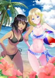  2girls andou_(girls_und_panzer) ass_visible_through_thighs ball beach beachball bikini black_bikini black_hair blonde_hair blue_eyes blue_sky blurry blurry_background blurry_foreground breasts brown_eyes closed_mouth cloud cloudy_sky commentary dark-skinned_female dark_skin day dutch_angle elbow_on_another&#039;s_shoulder flower frilled_bikini frills frown girls_und_panzer hand_on_own_hip head_tilt highres holding holding_ball lens_flare looking_at_viewer medium_breasts medium_hair messy_hair multiple_girls navel ocean open_mouth oshida_(girls_und_panzer) outdoors palm_tree pink_flower ranka_(yachou_no_kai) side-tie_bikini_bottom sky standing swimsuit tree white_bikini 