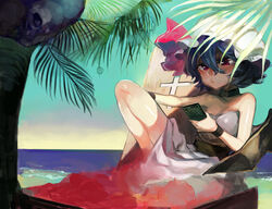  bare_shoulders bat_wings beach black_choker blue_hair cellphone choker closed_mouth commentary_request cross dress female hair_between_eyes hat hat_ribbon highres holding holding_phone mafuyu_hemp mob_cap outdoors palm_tree phone pink_eyes pink_ribbon remilia_scarlet ribbon sash short_hair sky smartphone solo strapless strapless_dress touhou tree water white_dress white_hat wings wristband 